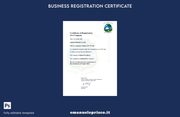 certificato di registrazione aziendale in stile verificato in Liberia Modello Wo